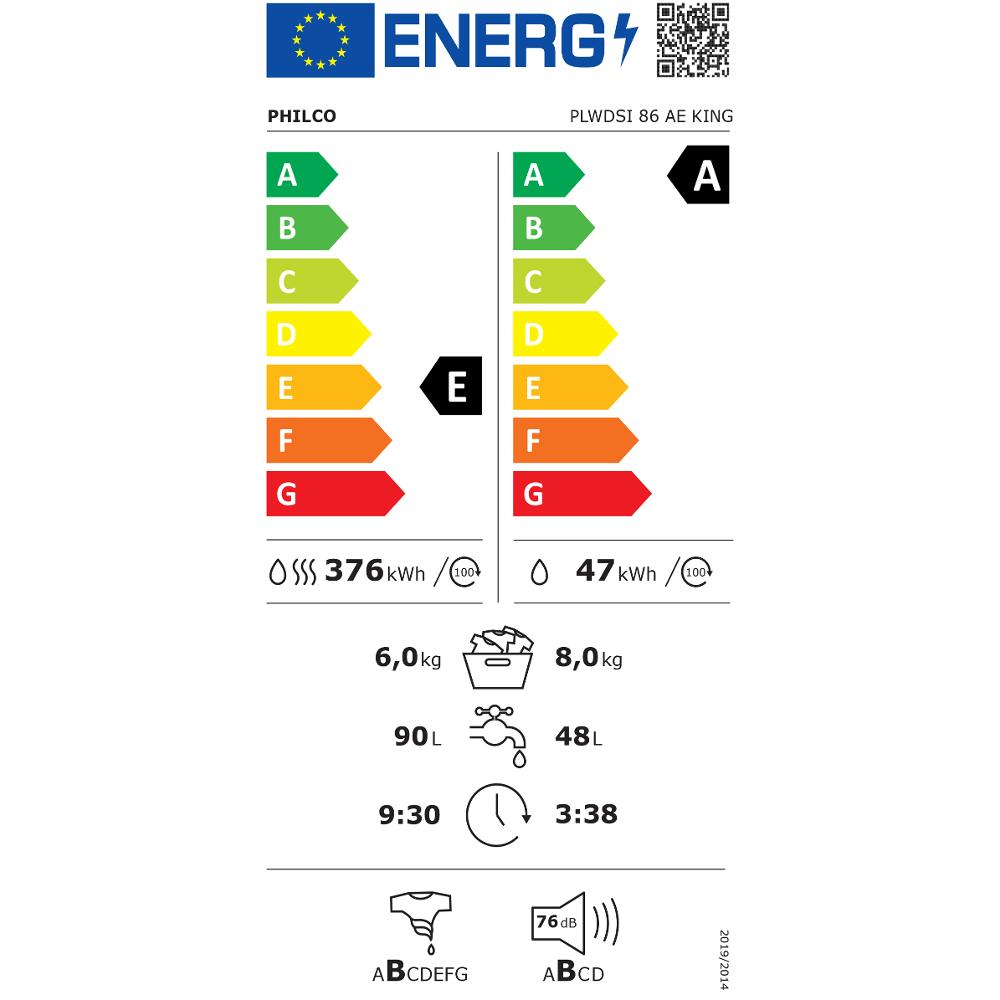 Pračka se sušičkou PHILCO PLWDSI 86 AE KING - energetický štítek