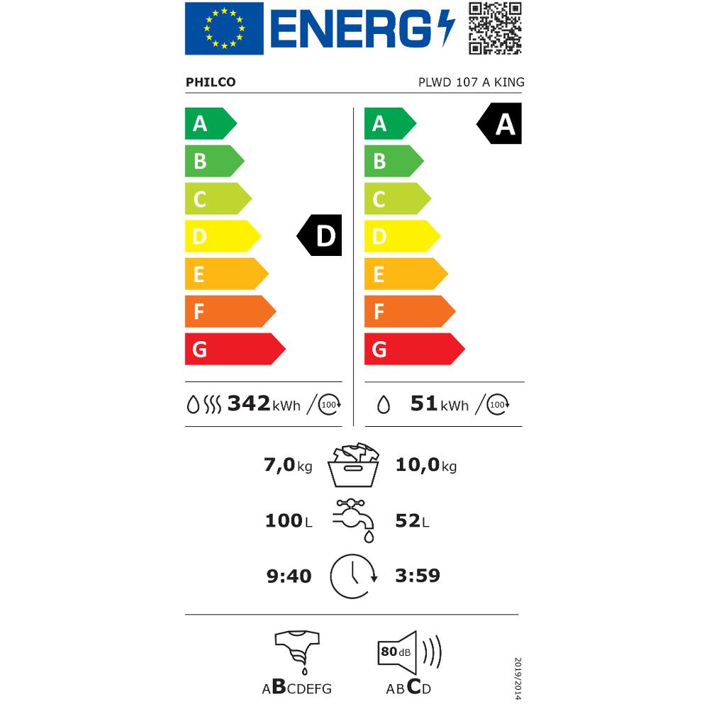 Pračka se sušičkou PHILCO PLWD 107 A KING - energetický štítek