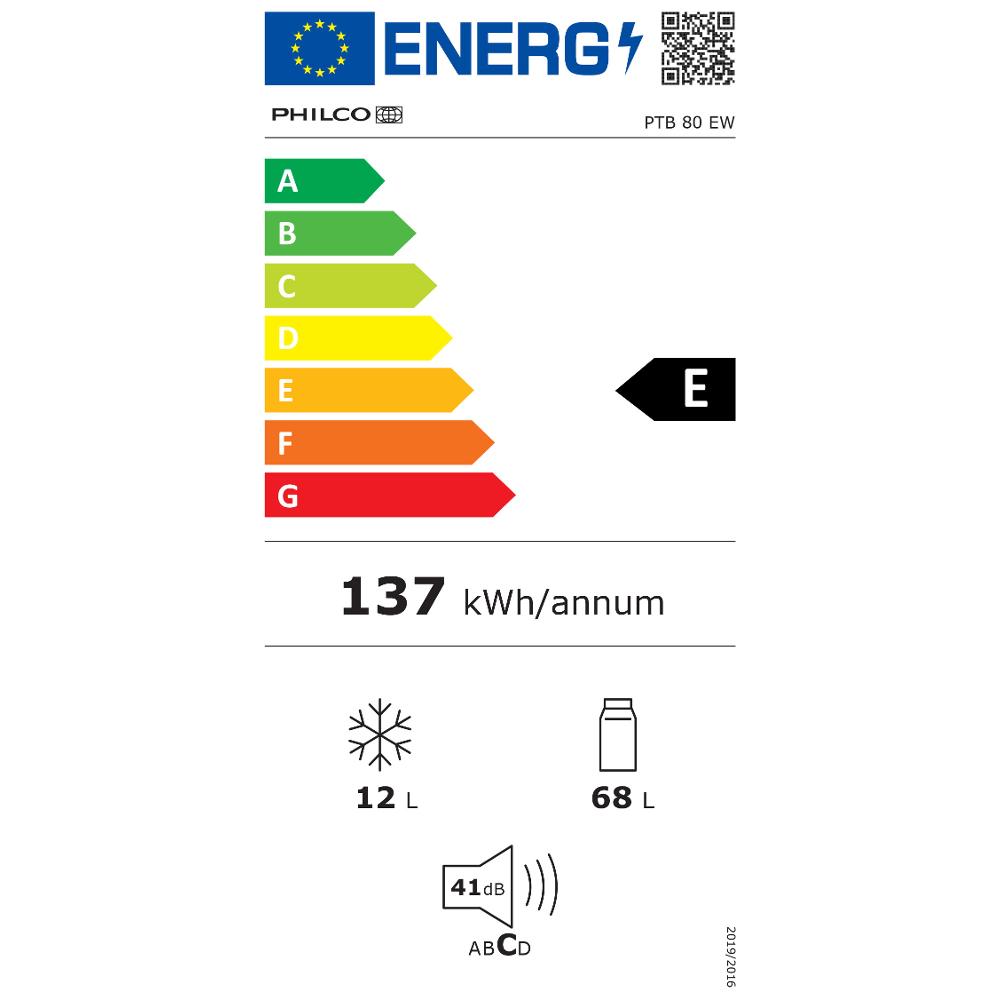 Jednodvéřová chladnička PHILCO PTB 80 EW - energetický štítek