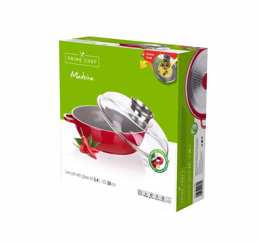 Prime Chef pánev Paella se skleněnou poklicí Madeira 28x7cm, 3,4l červená, keramická, aroma knob