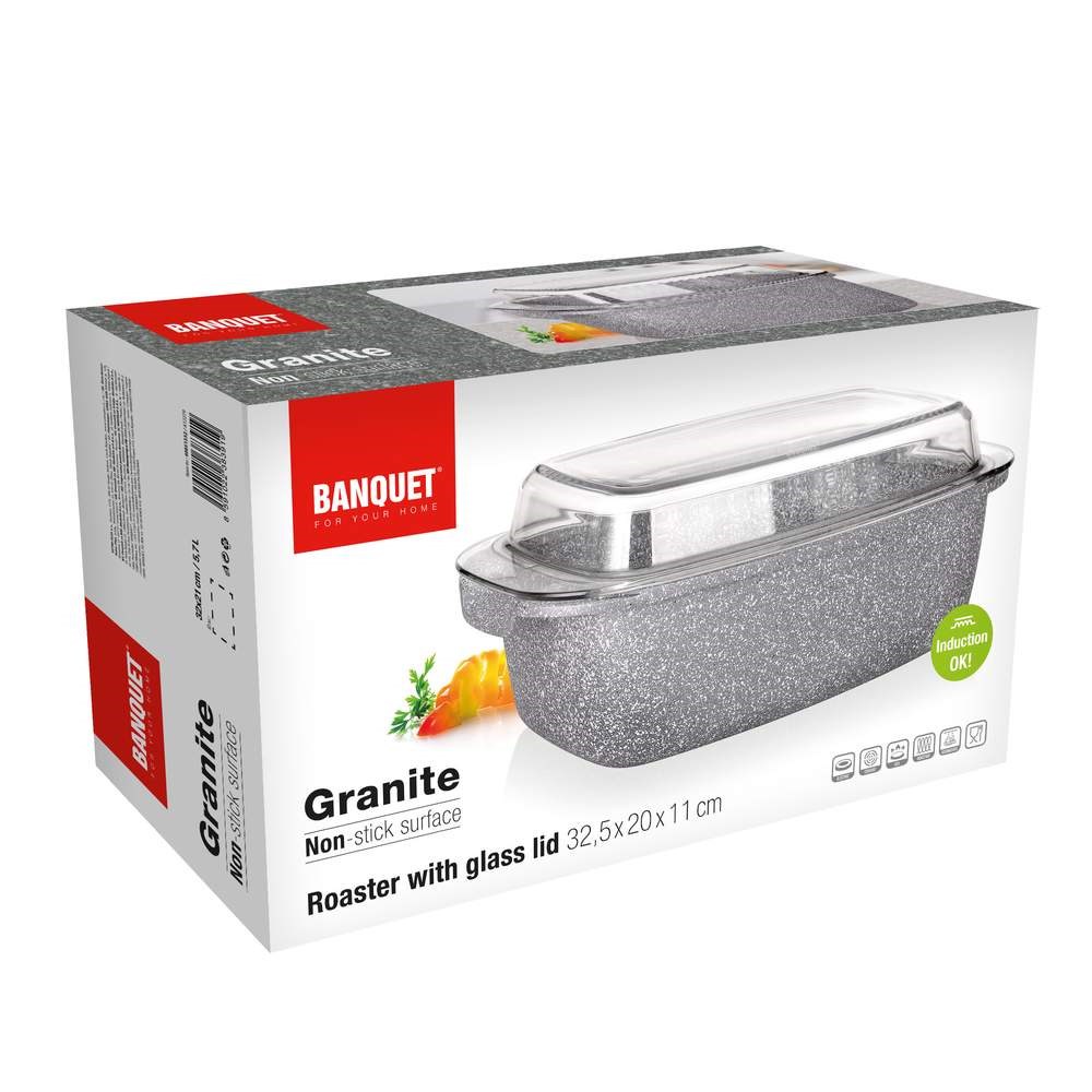BANQUET Pekáč s nepřilnavým povrchem GRANITE  5,7 l, se skleněnou poklicí